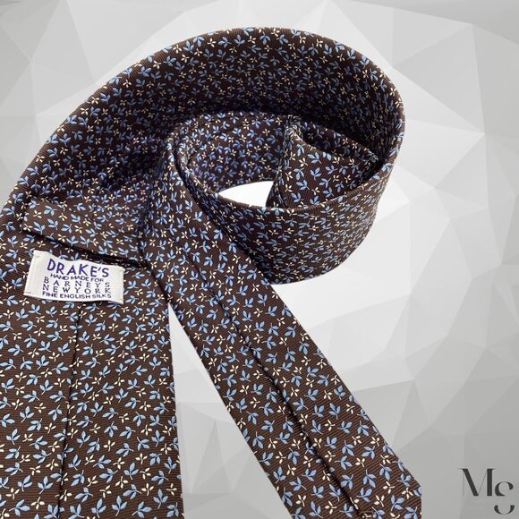 DRAKES Brown Leaf Print Silk Tie Hand Made In England 59”-3.5" EX COND - Picture 3 of 5